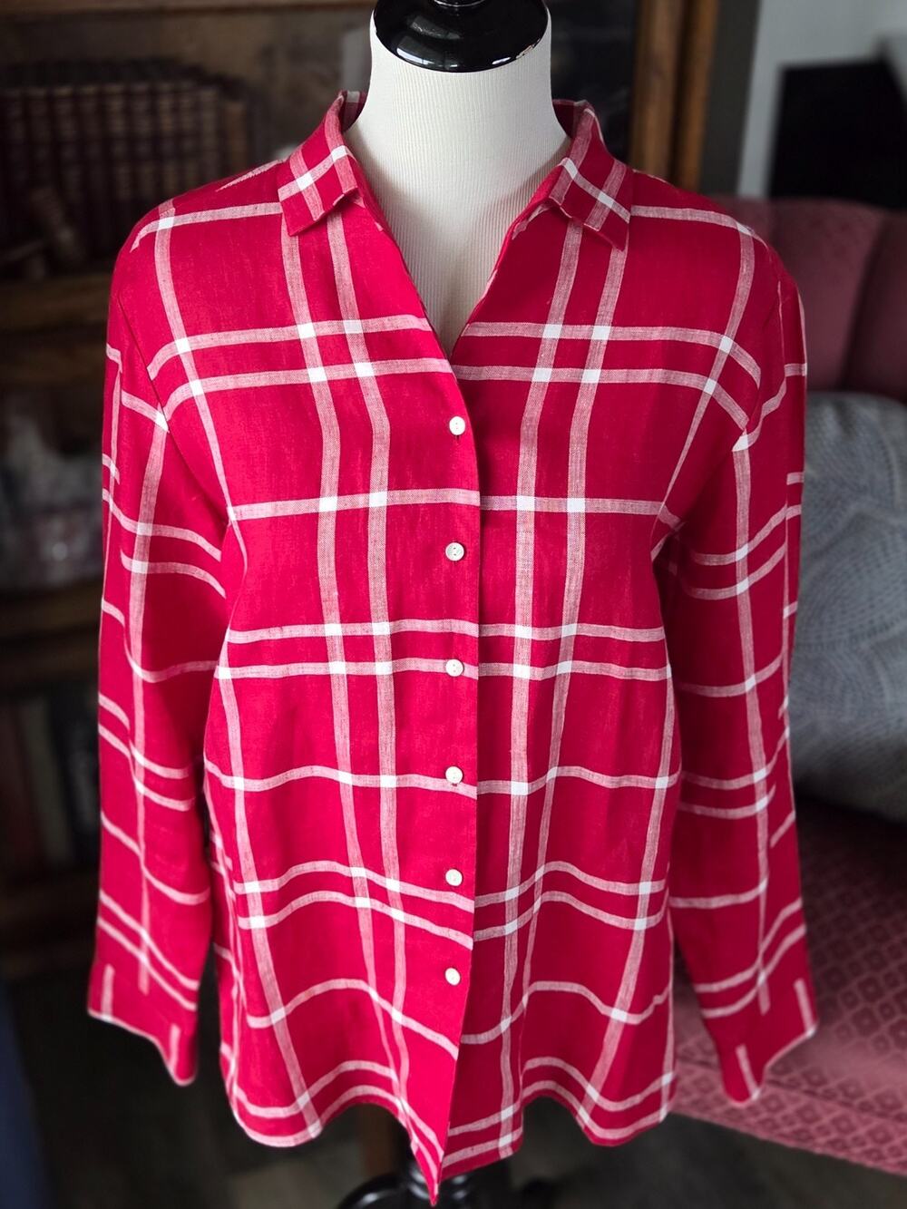 Talbots Irish Linen Button Down Shirt 14 Red White Plaid Long Sleeve Blouse